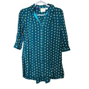 Maeve by Anthropologie Monika Teal Button-Up Print Blouse Top Tunic
